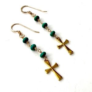 Gold Cross Earrings, Turquoise Earrings